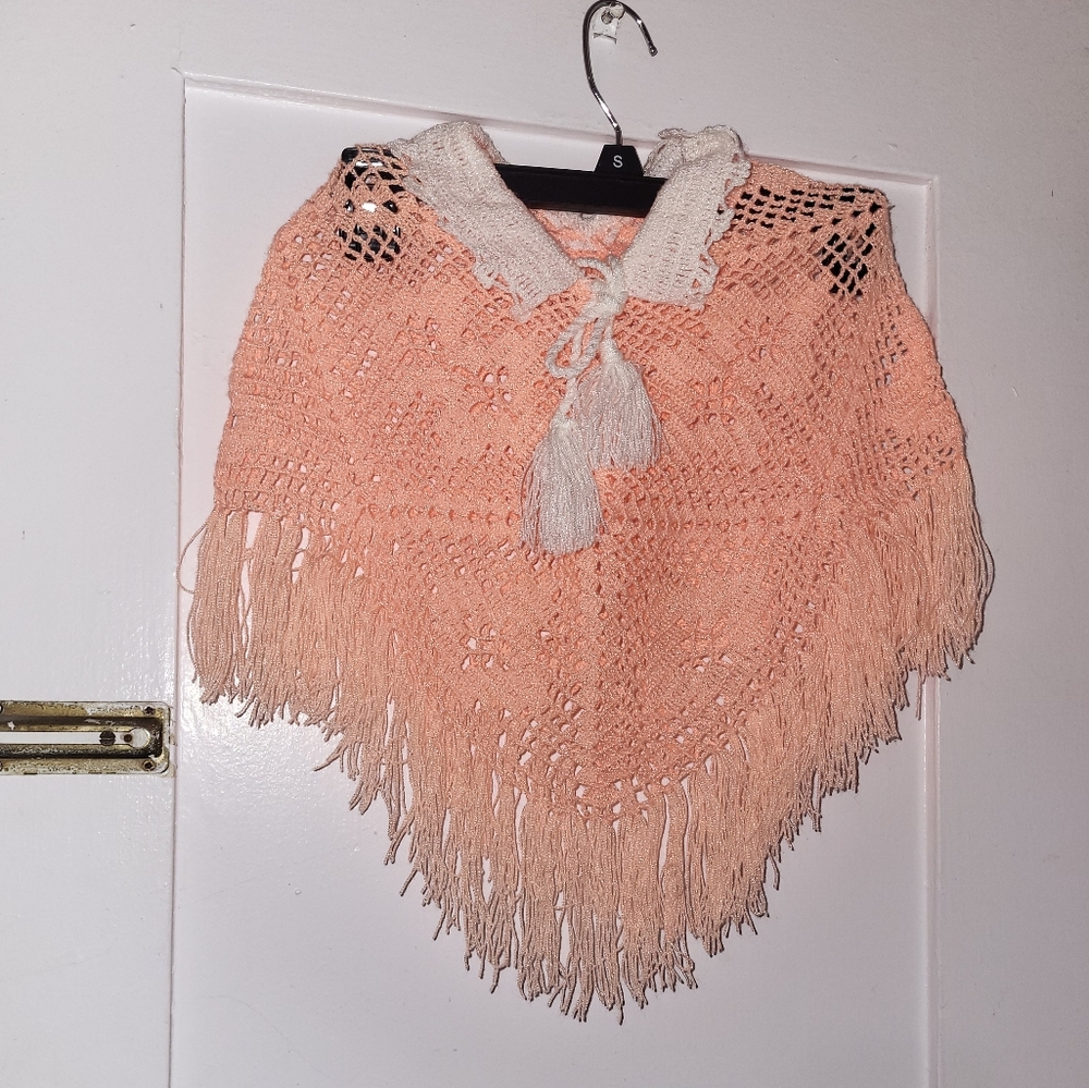 Girls Hand Crocheted Poncho Peach orange Color  toddler girl size approx 2T